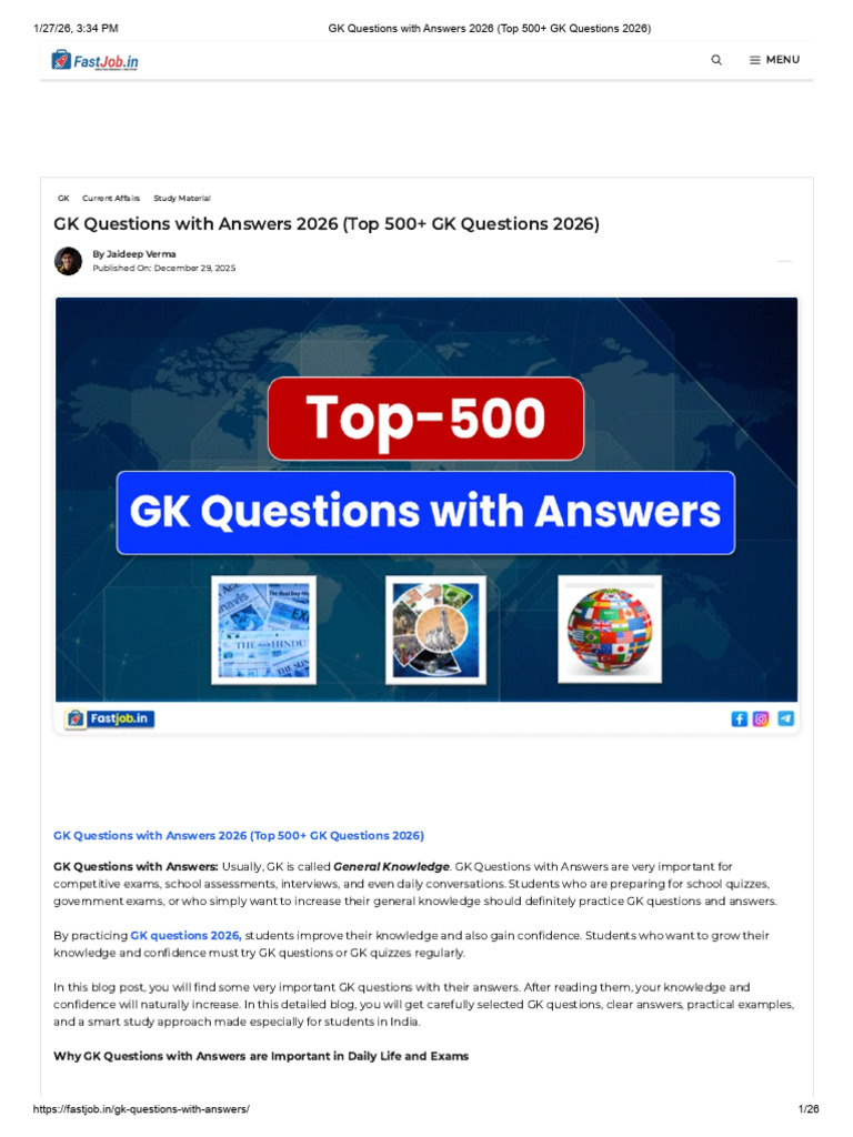 GK Questions With Answers 2026 - Fast Job | PDF | Knowledge | Quiz