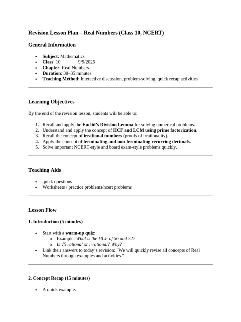 Revision Lesson Plan Grade 10 Real Numbers | PDF