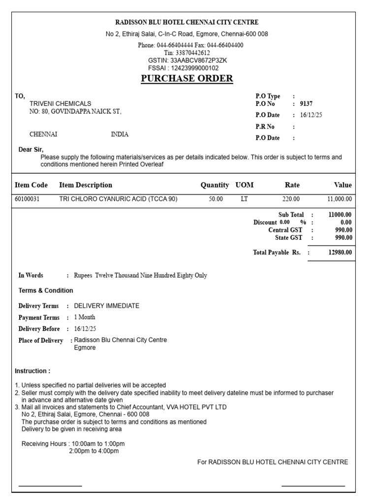 Purchase Order: UOM Quantity Item Description Item Code Value Rate ...