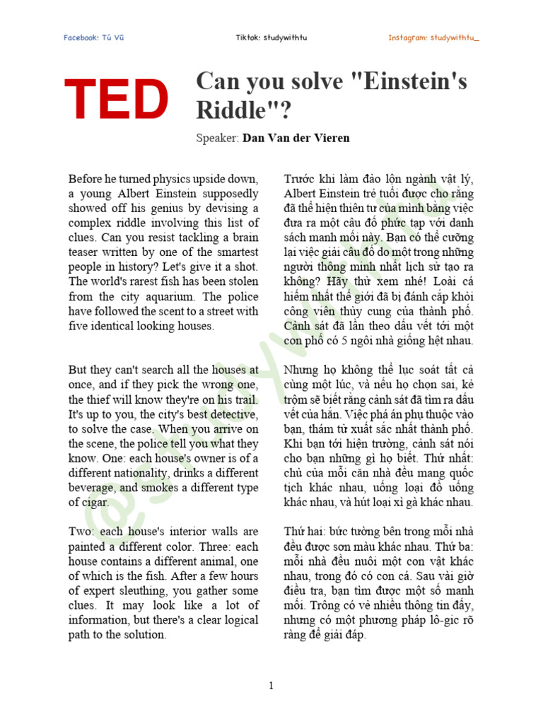 Can You Solve - Einstein - S Riddle | PDF