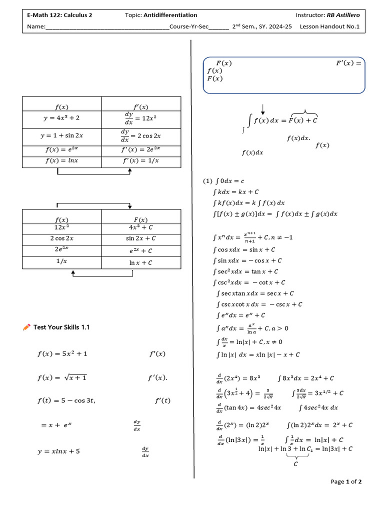 Handout-1 Antidifferentiation 113538 | PDF | Integral | Mathematical ...