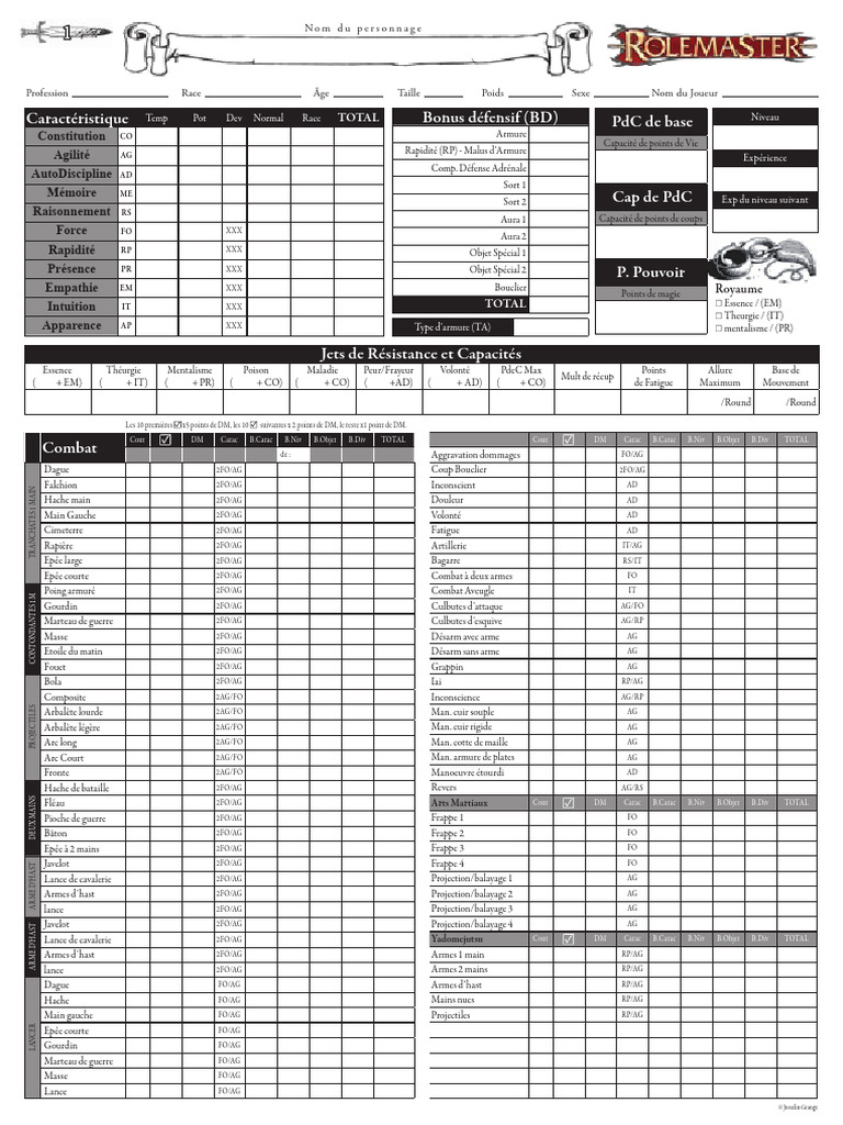 Rolemaster - Feuille de Personnage | PDF