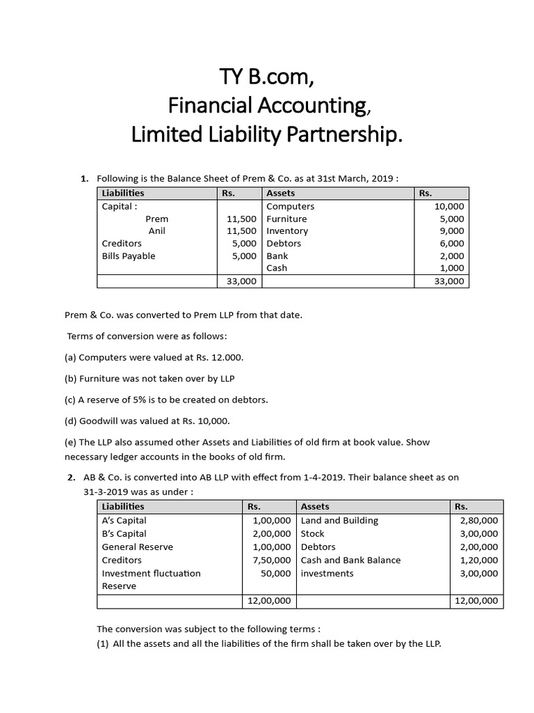 Accounting For LLP Questions | PDF | Balance Sheet | Book Value