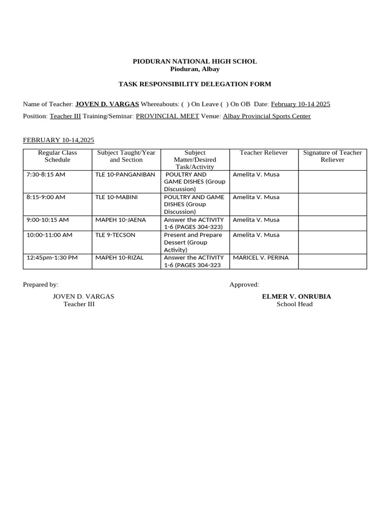 Task Responsibility Delegation Form | PDF
