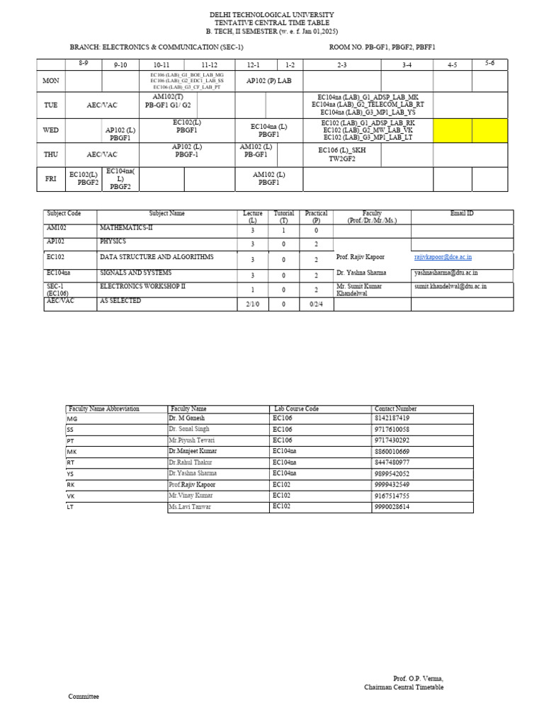 First Year Time Table ECE Section Including Labs 31-12-2025 | PDF