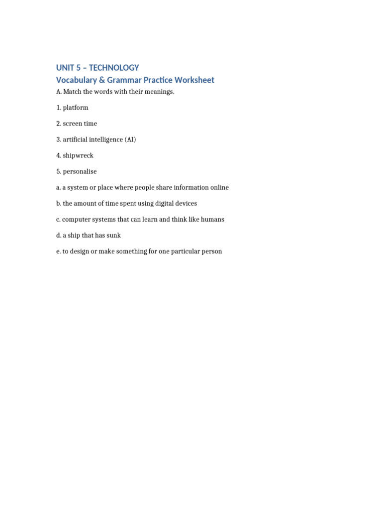 Unit 5 Technology Vocabulary Practice | PDF