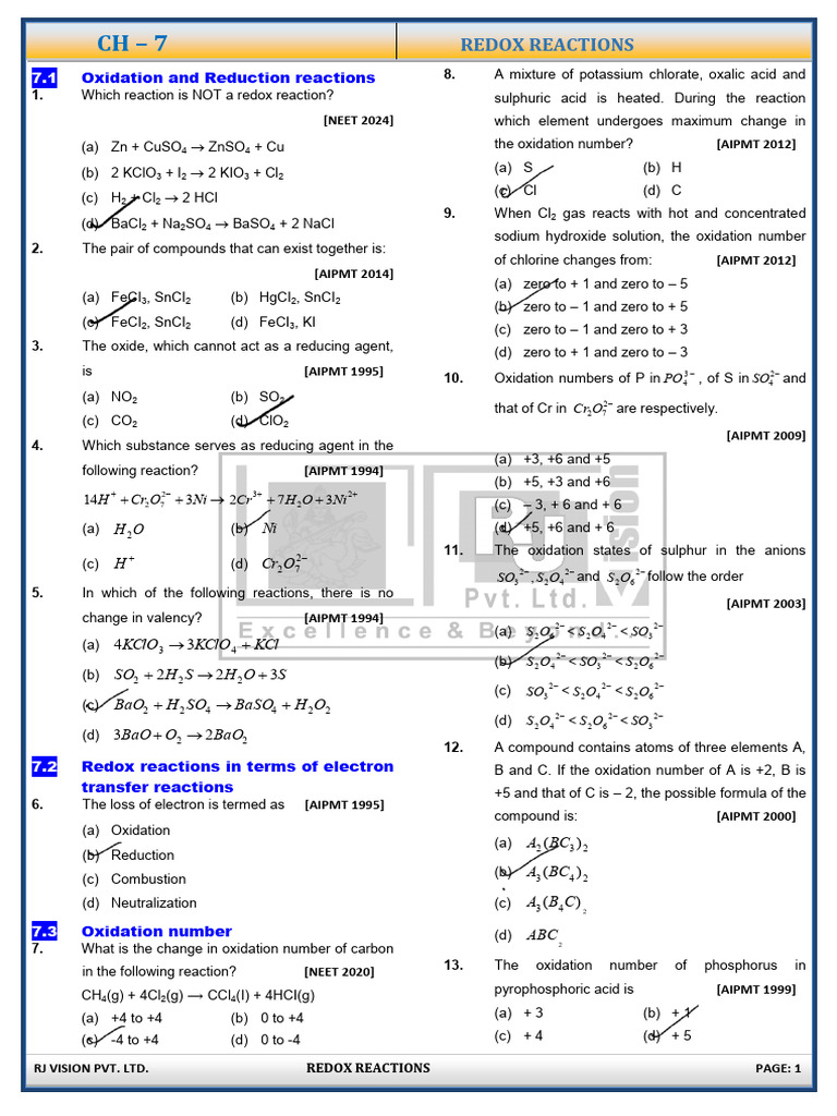 CH 7 Redox Reaction 7 | PDF | Chlorine | Redox