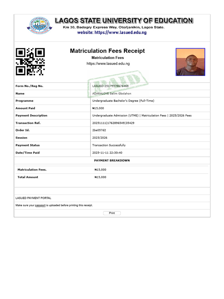 Adaraloye Matric Fee | PDF