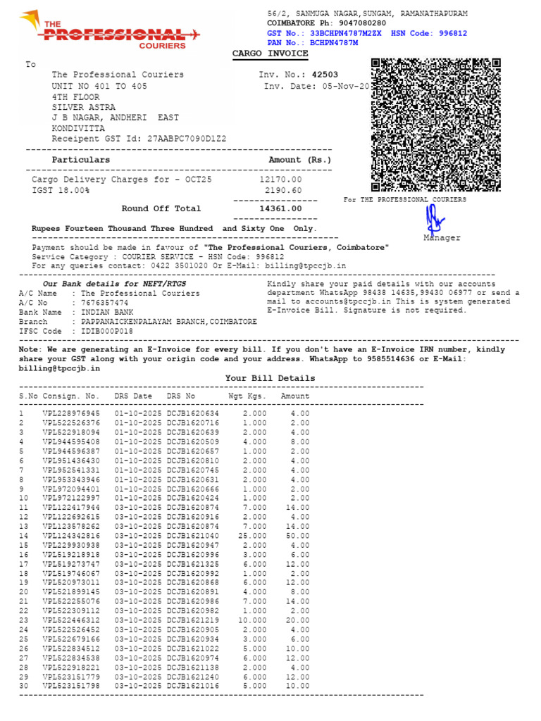 Cargo Invoice: GST No.: 33BCHPN4787M2ZX HSN Code: 996812 PAN No ...