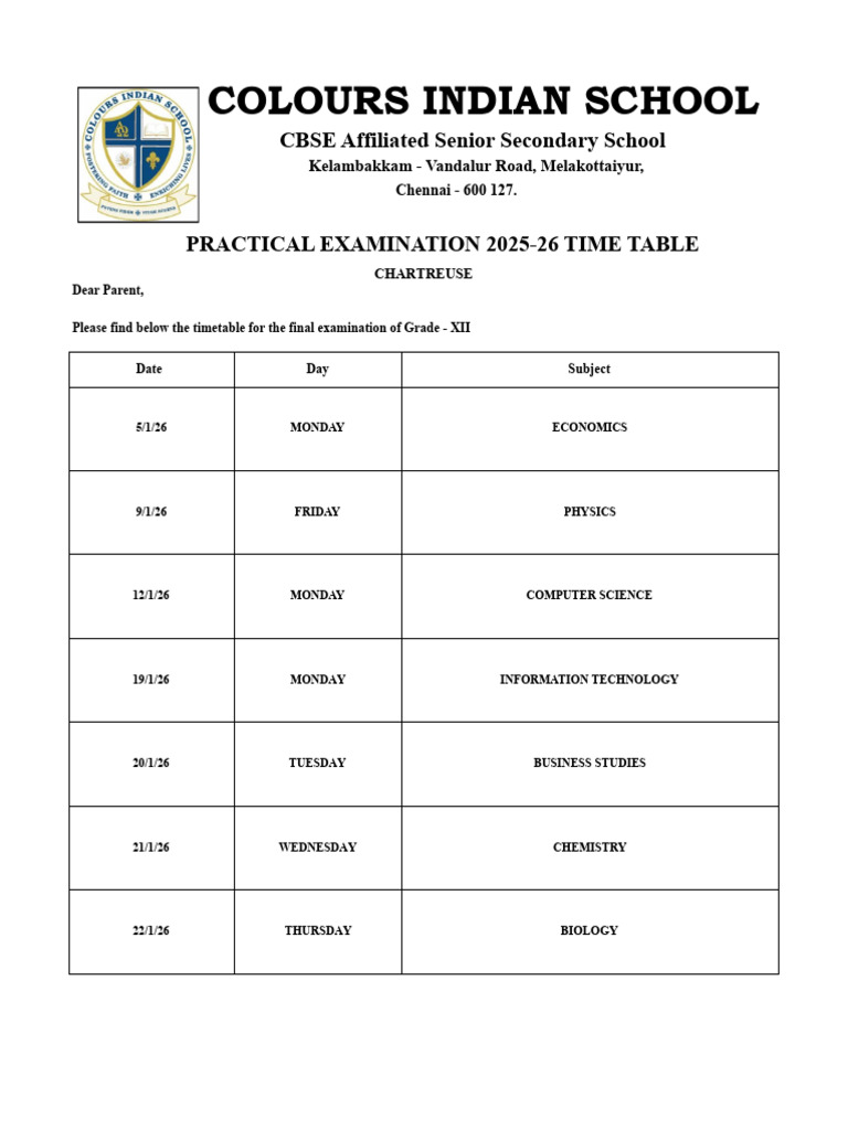 Board Practical Examination Timetable - Chartreuse-1 | PDF