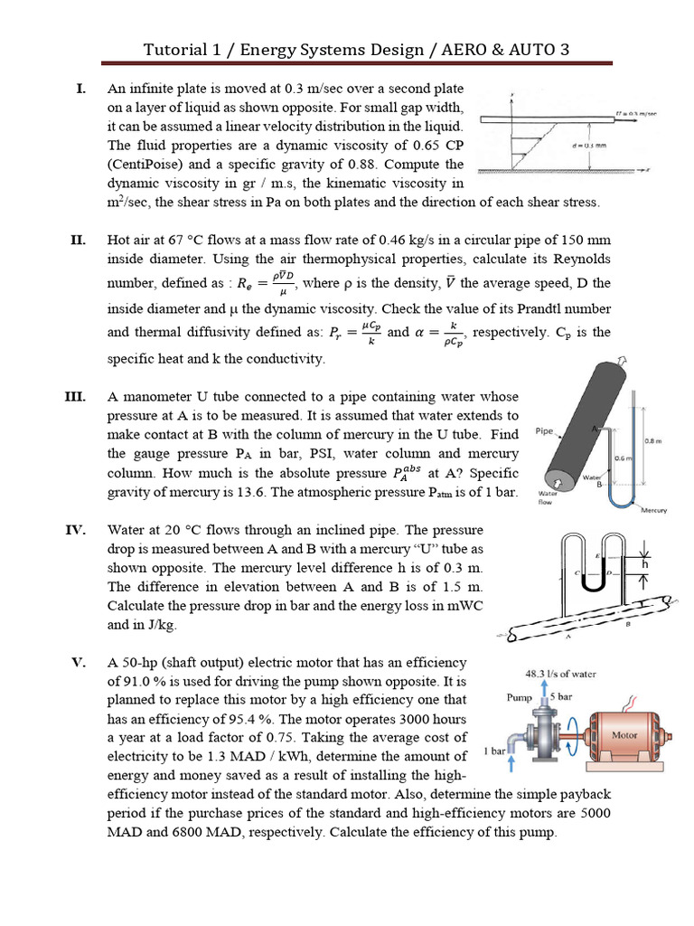 TUTORIAL 1 Energy Systems Design 3rd Year 2025-26 | PDF | Pressure ...