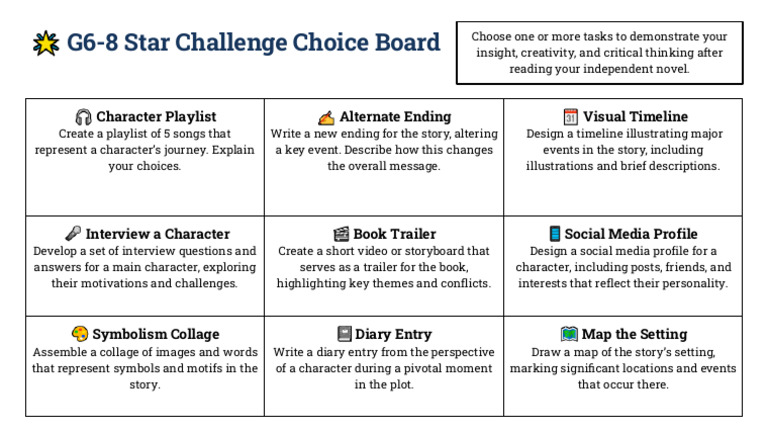 G6-8 Star Challenge Choice Board English | PDF