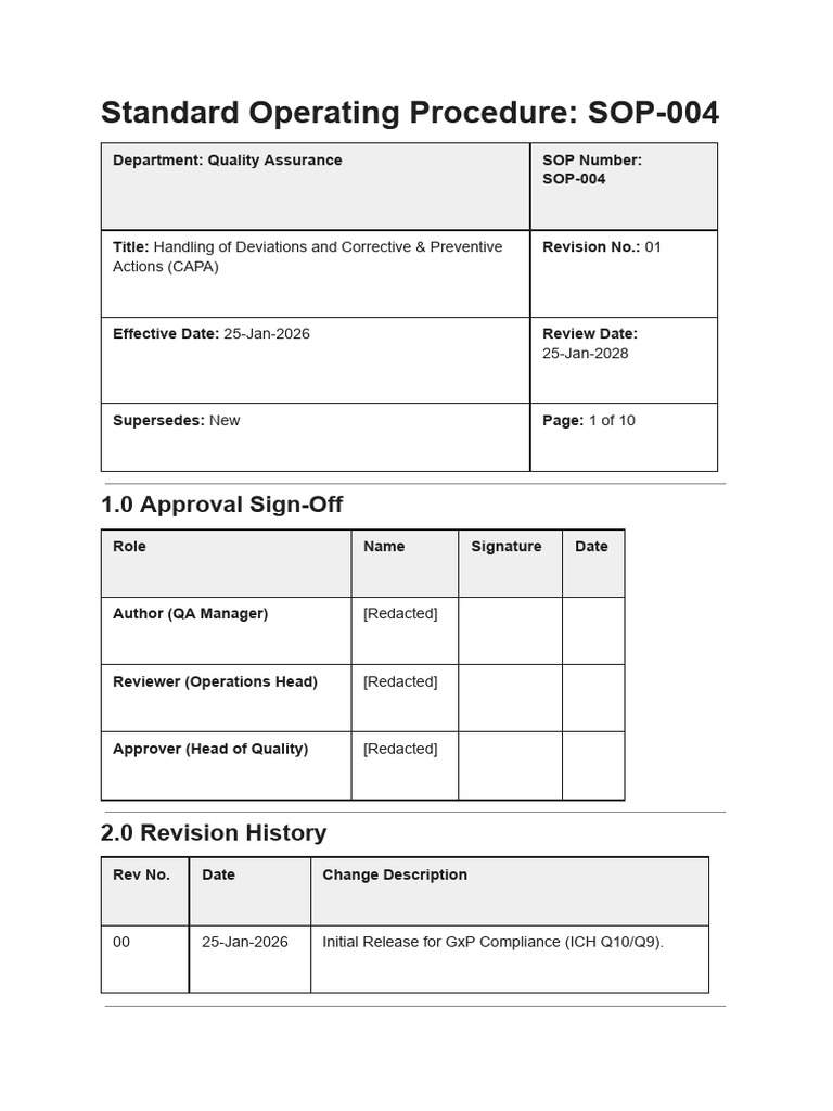 Standard Operating Procedure: SOP-004: 1.0 Approval Sign-Off | PDF ...