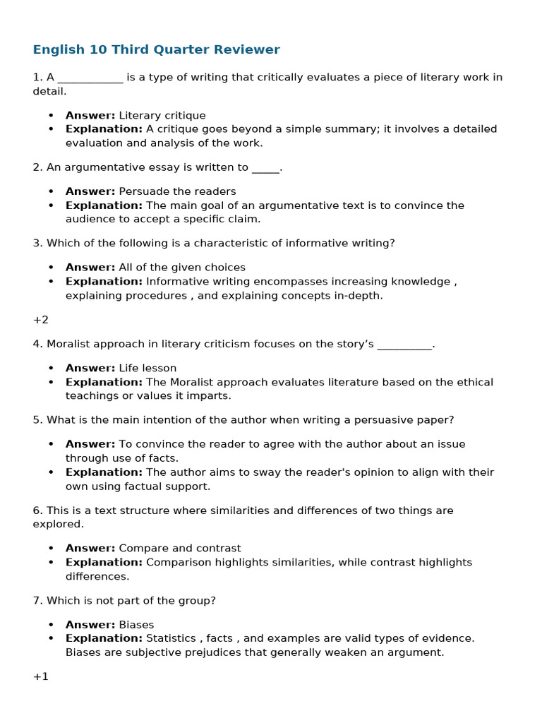 q3 English 10 Reviewer | PDF | Essays | Argument
