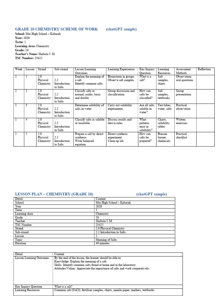 Sample SOW Nad Lesson Plan | PDF | Salt (Chemistry) | Solubility