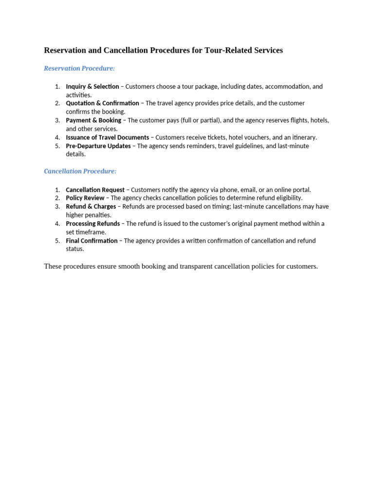 Reservation and Cancellation Procedures For Tour-1 | PDF