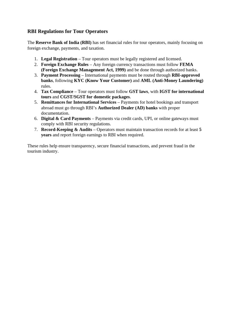 RBI Regulations For Tour Operators | PDF