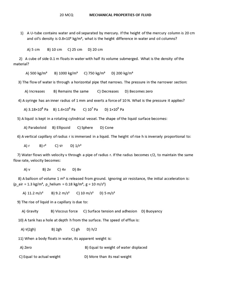 20 MCQ Mechanical Properties of Fluid | PDF | Drop (Liquid) | Buoyancy