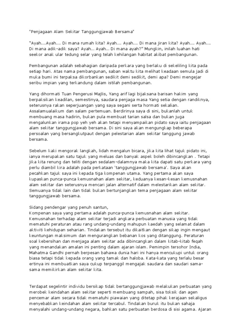 Teks Pidato Penjagaan Alam Sekitar Tanggungjawab Bersama