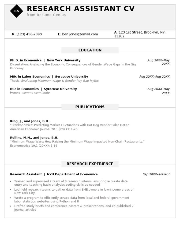 Research Assistant CV Example Research Black | PDF