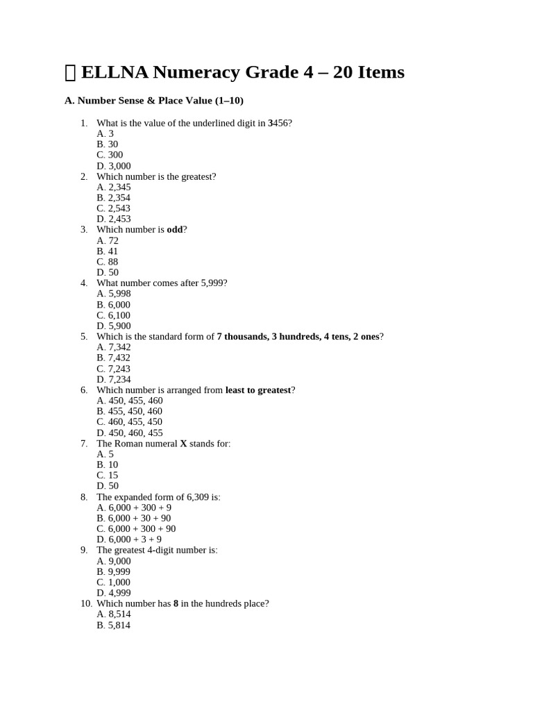 ELLNA Numeracy Grade 4-1-20 | PDF