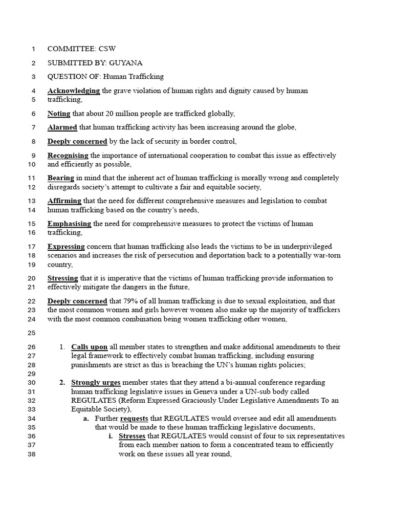 CSW Resolution on Human Traffickign submitted by Guyana | PDF | Human ...