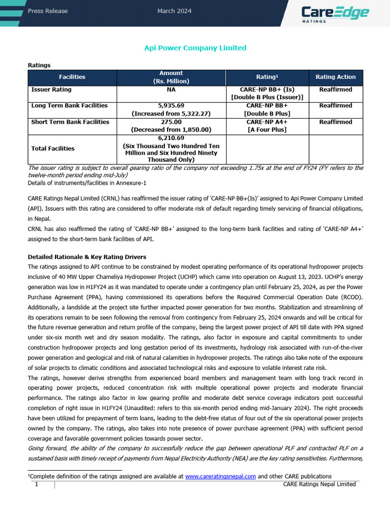 Api Power Credit Rating 2024.03 | PDF | Hydroelectricity | Debt