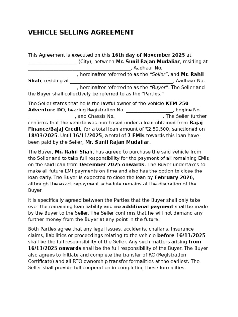 Vehicle Selling Agreement | PDF | Loans | Procurement