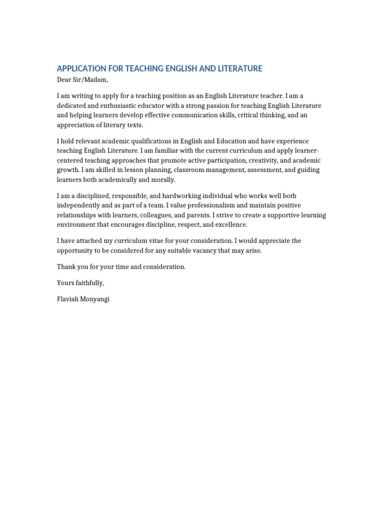Cover Letter English Literature Teacher | PDF
