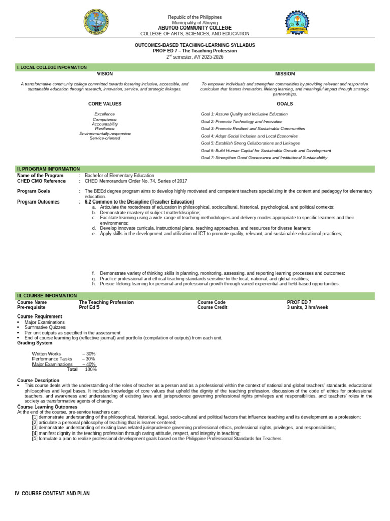 Syllabus Profed-7 | PDF | Teachers | Learning