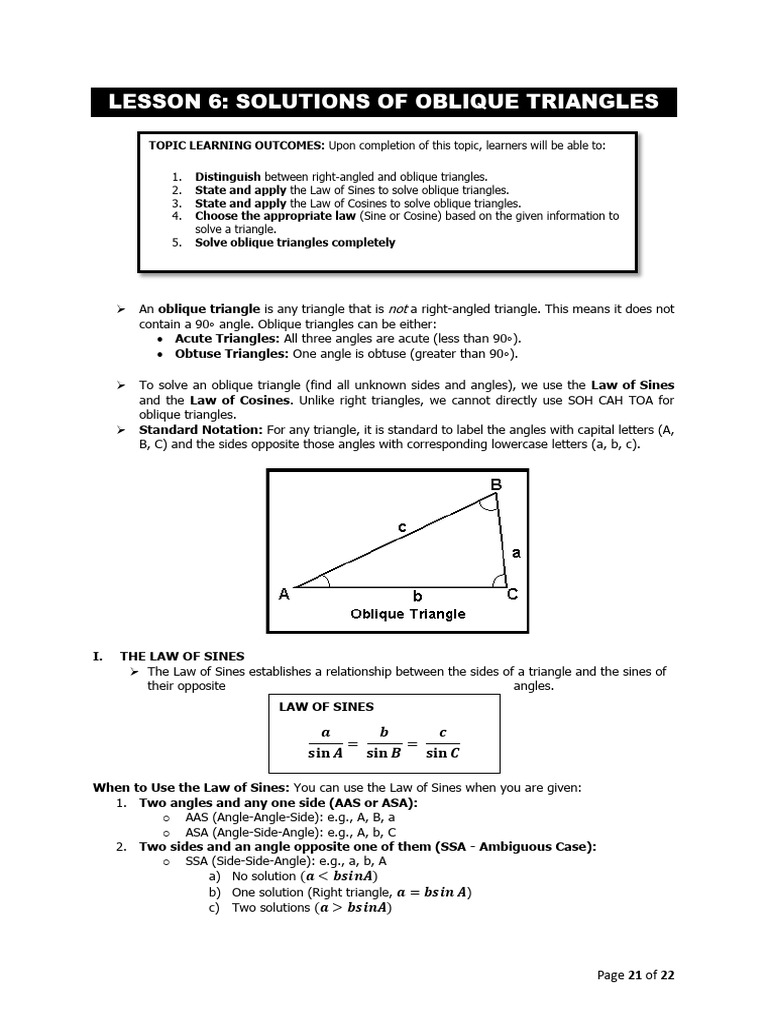 Lesson 6 Solutions of Oblique Triangles | PDF | Trigonometric Functions ...