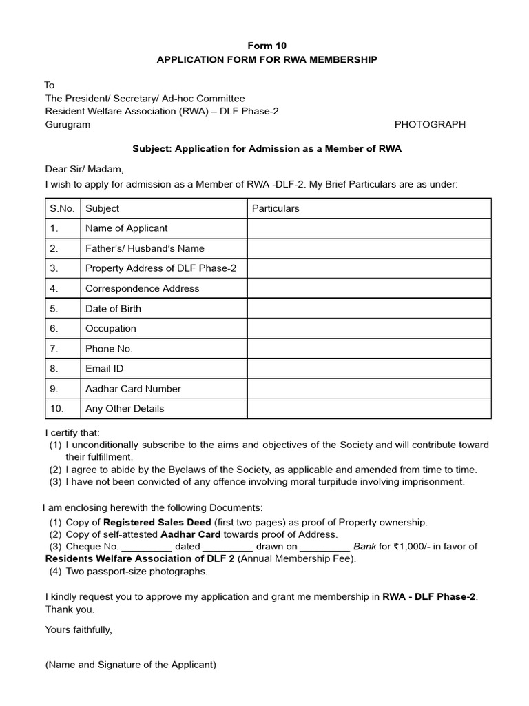 Form 10 For RWA Membership | PDF