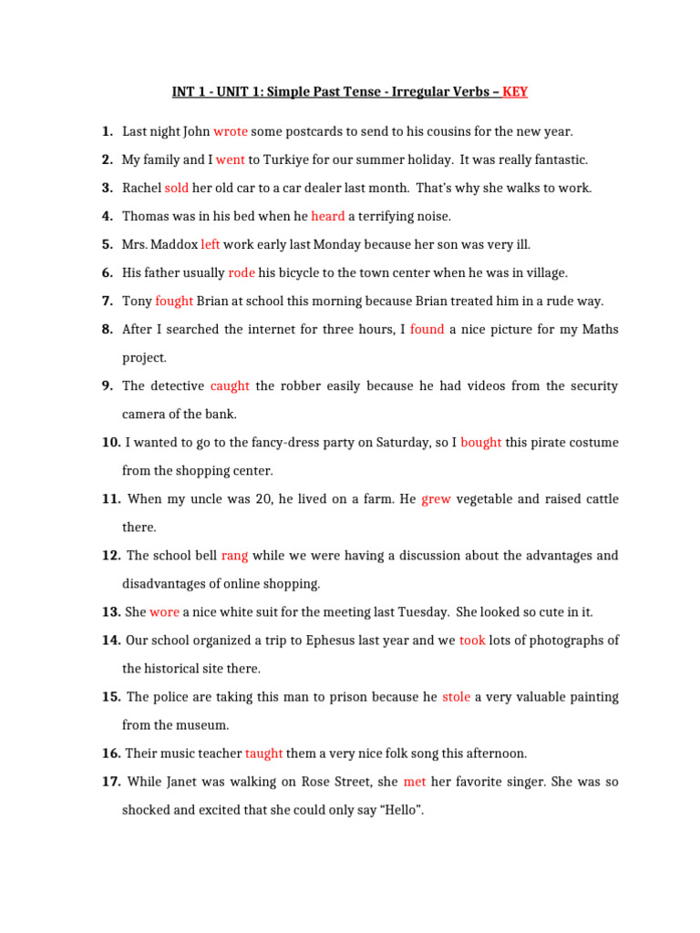 INT 1 - UNIT 1 (Simple Past Tense - Irregular Verbs) - KEY | PDF