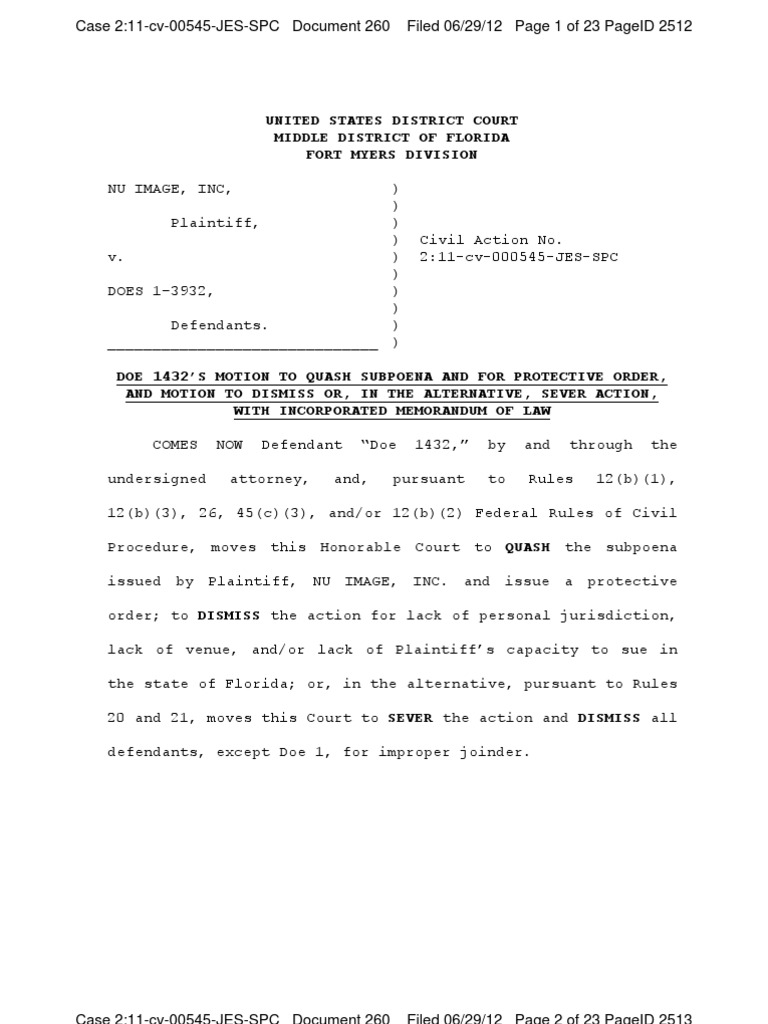 260 Doe 1432 Motion To Quash Protective Order Dismiss Sever PDF