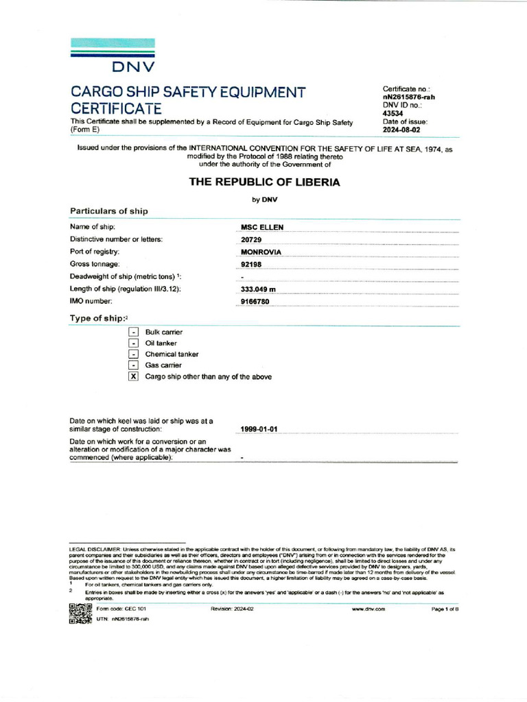 PC 2 Safety Equipment Certificate | PDF