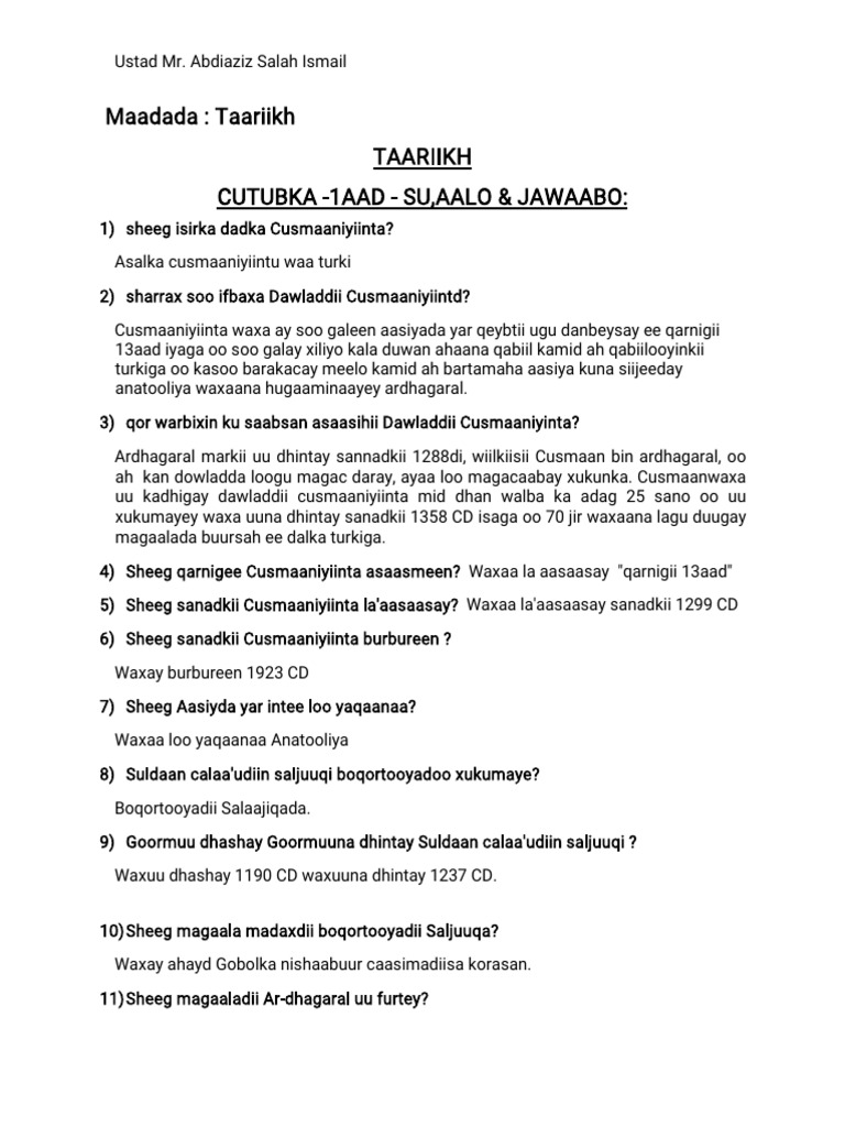 Taariikh 1-8 Chapters Q&A | PDF