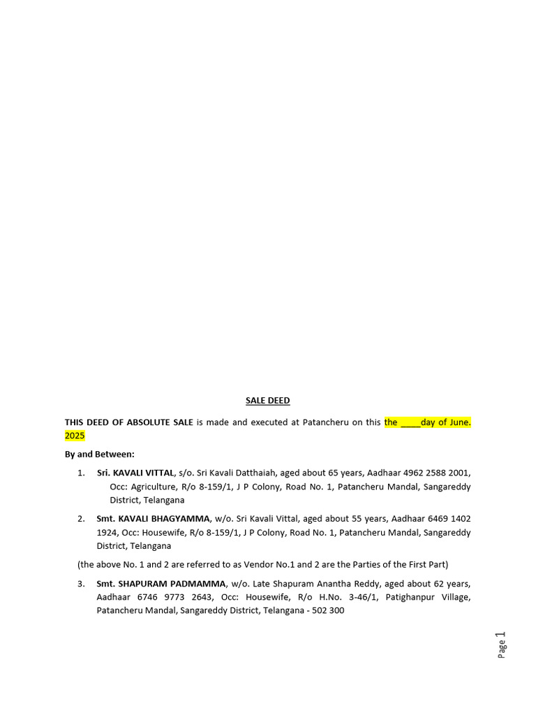 Samaracana Swasthi Draft Sale Deed | PDF | Covenant (Law) | Deed