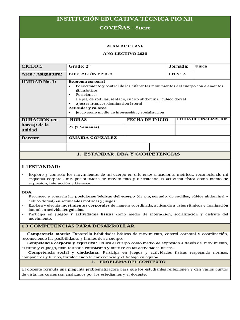 Plan de Clase Educacion Fisica Periodo I Grado 2 | PDF | Aprendizaje ...