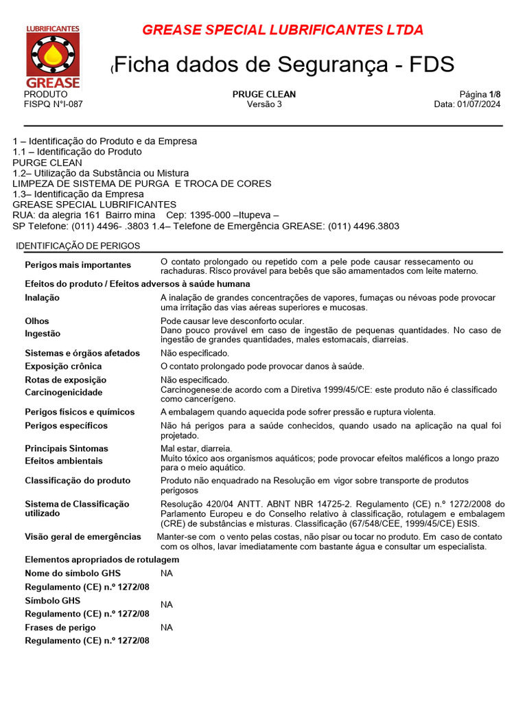 Fds Purge Clean | PDF | Toxicidade | Solubilidade