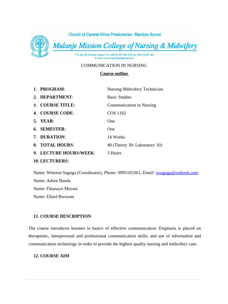 Communication in Nursing 2025 Outline | PDF | Communication | Nonverbal ...