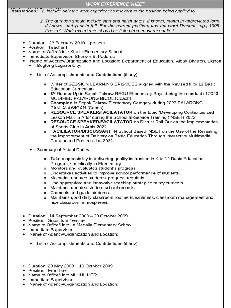 ANNEX H-2 - CS Form No. 212 Attachment - Work Experience Sheet | PDF ...
