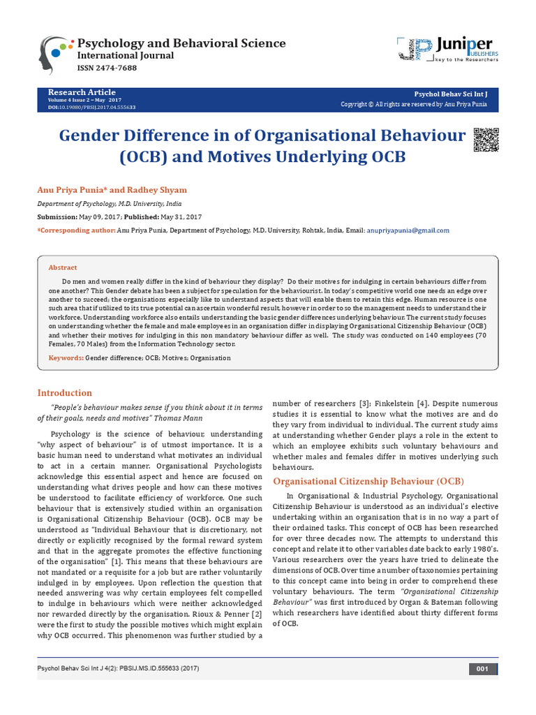 Gender Difference in of Organisational B | PDF | Psychological Concepts ...