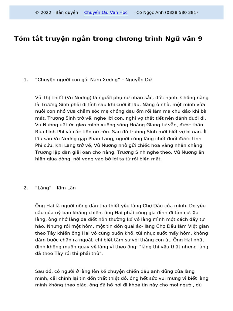 Tom Tat Truyen Ngan Trong Chuong Trinh Ngu Van 9 | PDF