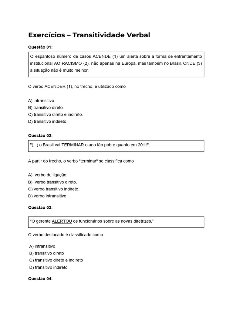 Exercícios - Transitividade Verbal | PDF