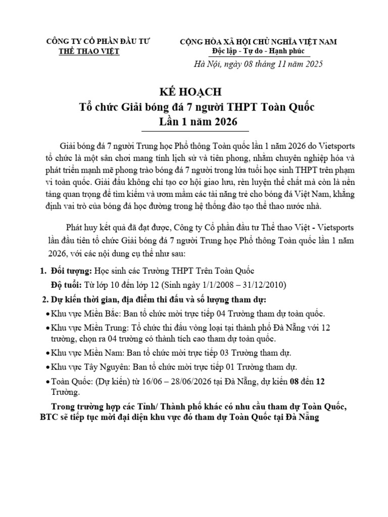 Kế hoạch tổ chức HS7 07.01 | PDF