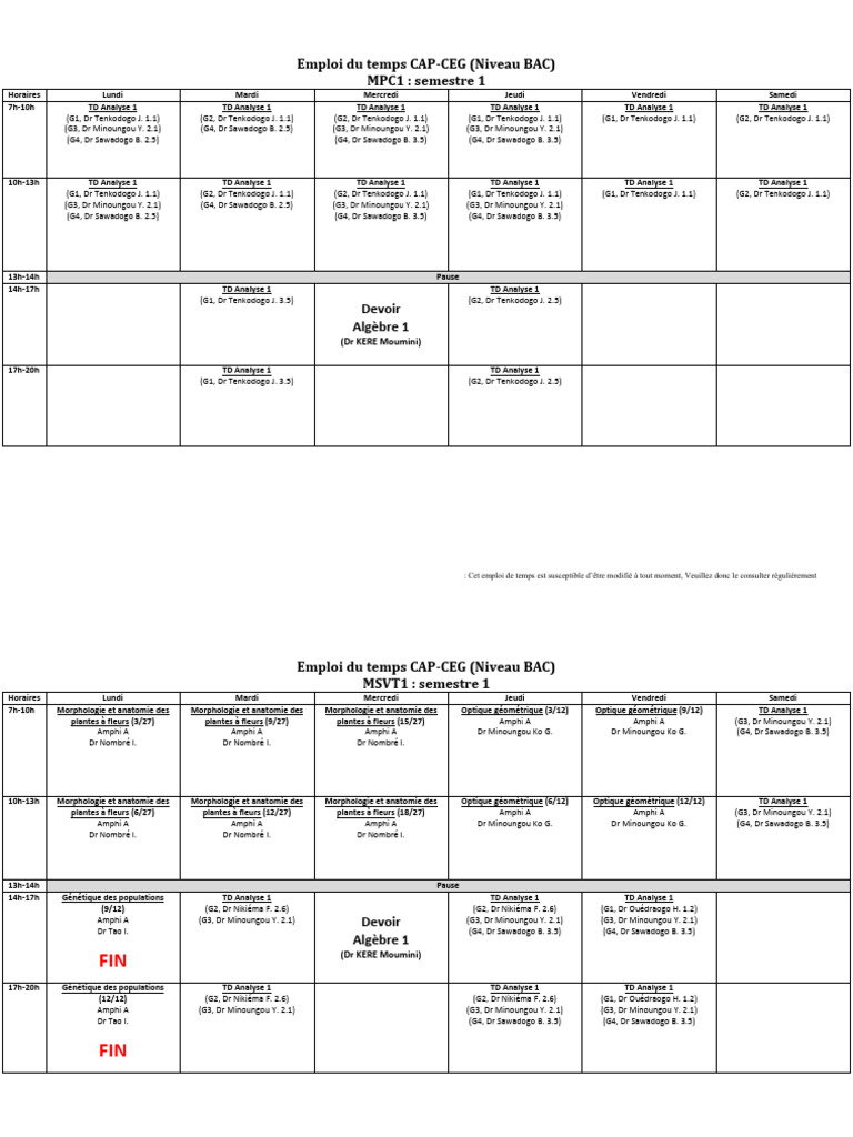 Emploi de Temps CAP-CEG-Niveau-BAC 26 Au 31 Jan 2026 VF | PDF