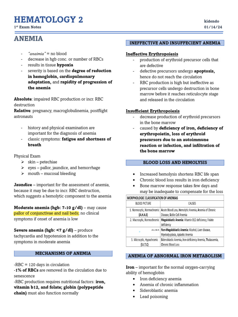 1st Exam Notes ANEMIA | PDF | Anemia | Vitamin B12