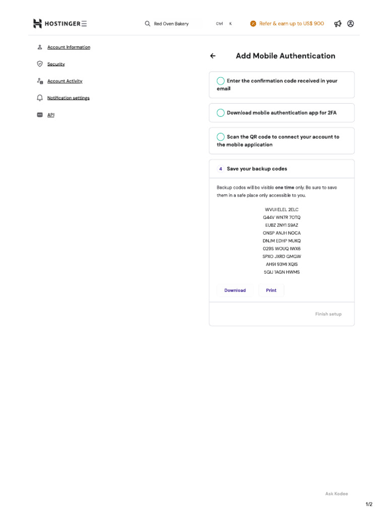 Hostinger Recovery Codes.... New | PDF