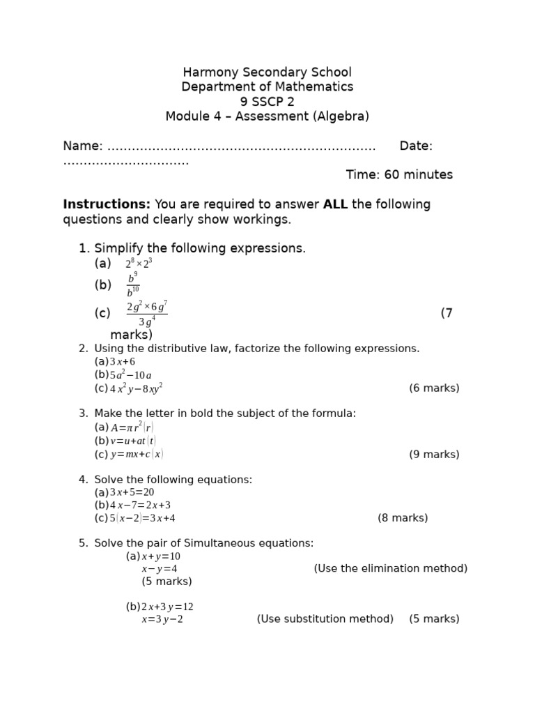 Module 4 Assessment Algebra | PDF