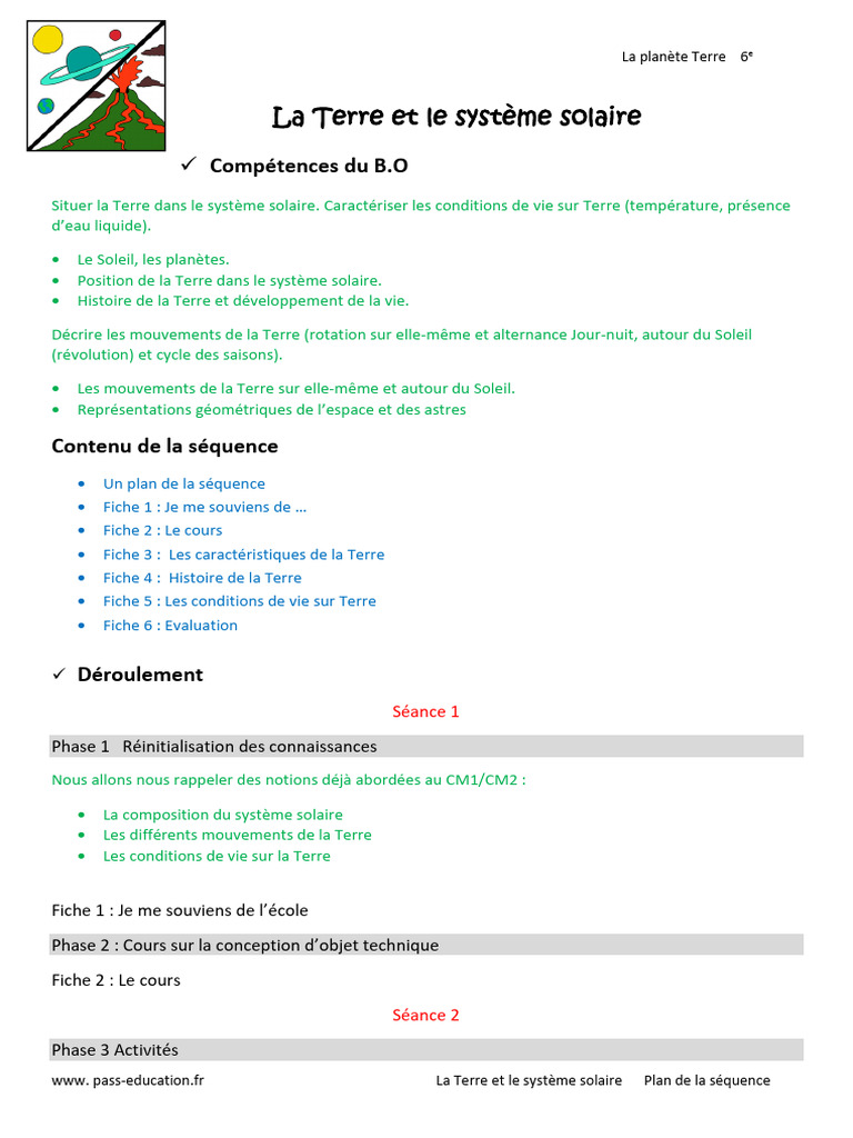 La Terre Et Le Système Solaire 6ème Fiche de Préparation | PDF | Terre ...